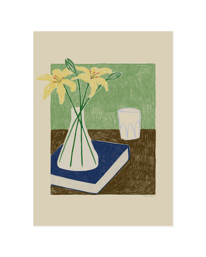 colourful still life illustration with yellow lilies in vase on blue book printable wall art
