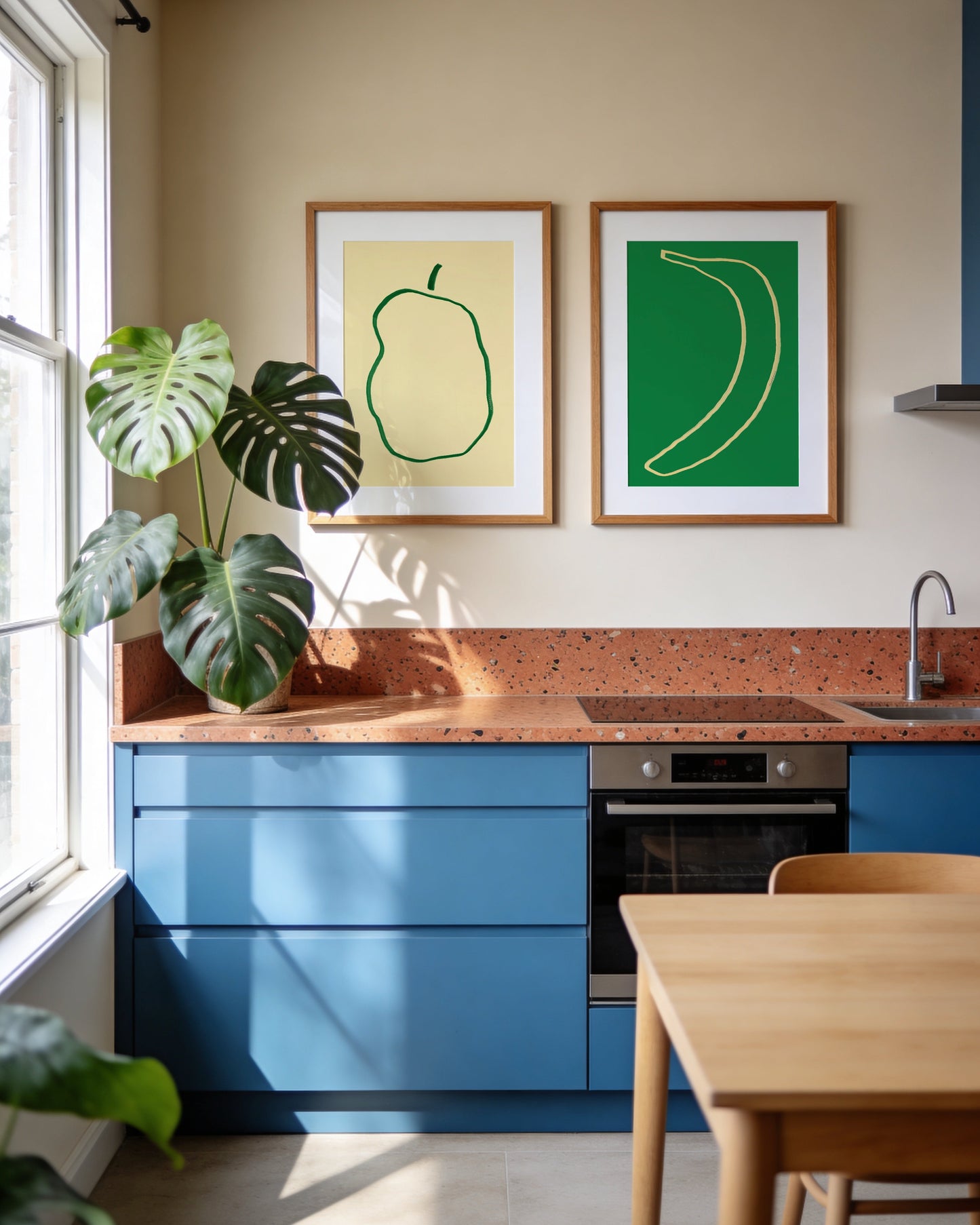 Set of two minimalist fruit prints featuring a green apple and banana illustration