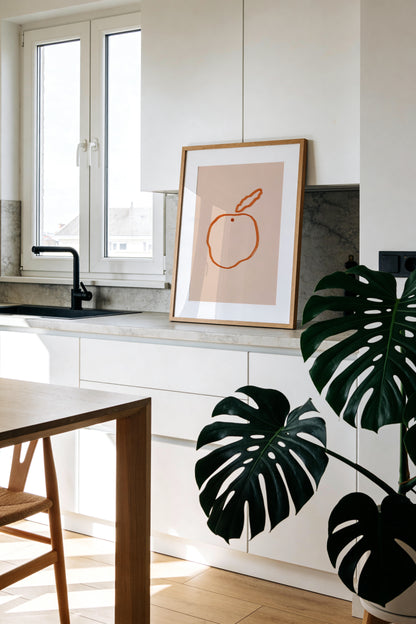 Minimal orange illustration on a blush pink background