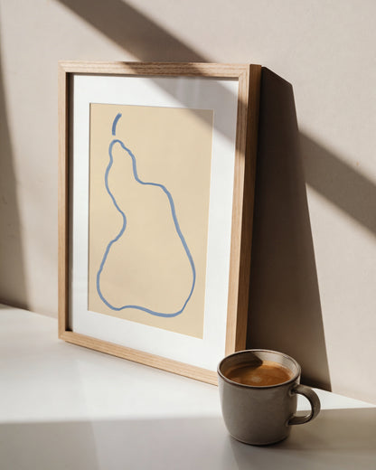 Minimal blue pear illustration on a cream background