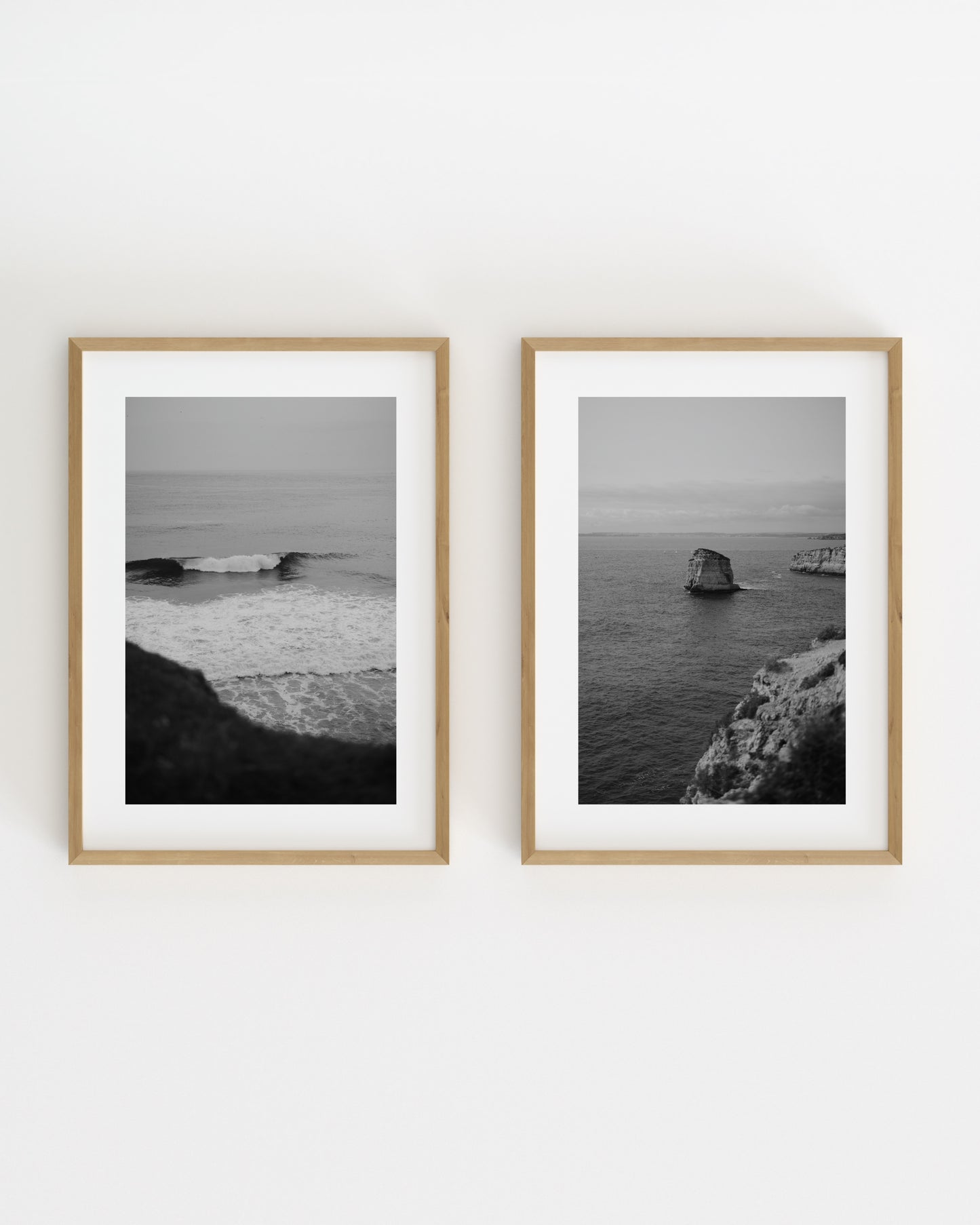 Black and white coastal photography set featuring ocean waves and sea cliffs overlooking the coastline