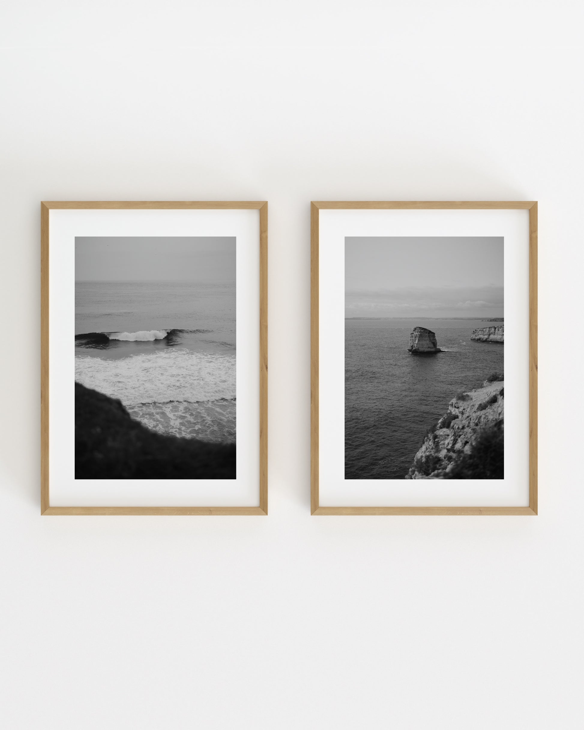 Black and white coastal photography set featuring ocean waves and sea cliffs overlooking the coastline