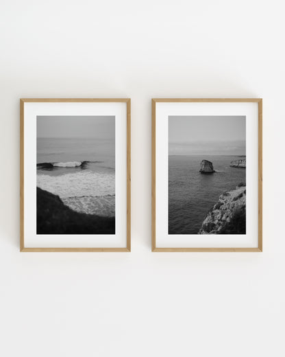 Black and white coastal photography set featuring ocean waves and sea cliffs overlooking the coastline