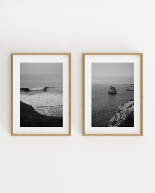 Black and white coastal photography set featuring ocean waves and sea cliffs overlooking the coastline