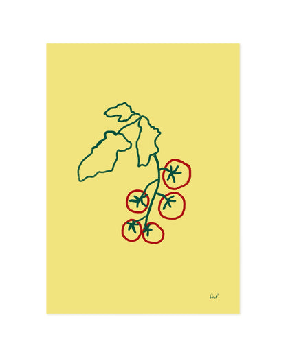 Hand-drawn tomato vine printable wall art with red tomatoes on a soft yellow background.