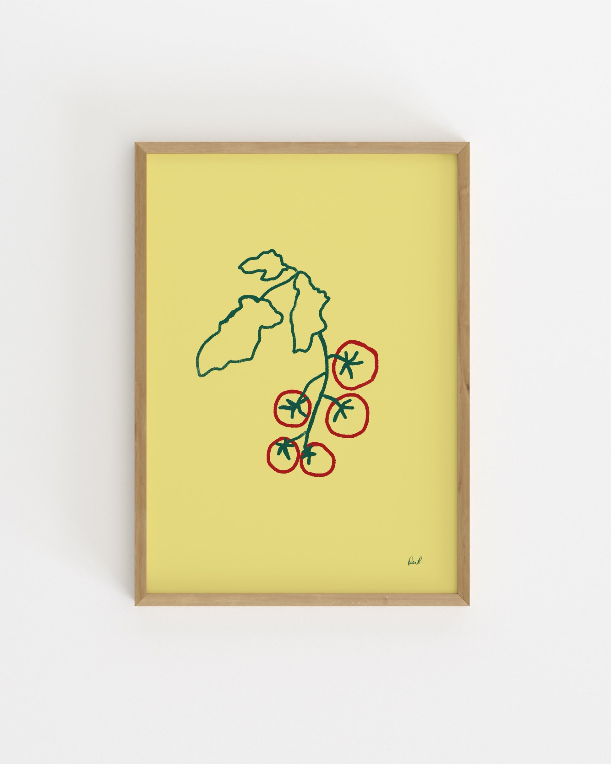 Hand-drawn tomato vine printable wall art with red tomatoes on a soft yellow background.