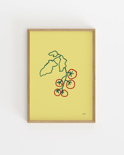 Hand-drawn tomato vine printable wall art with red tomatoes on a soft yellow background.