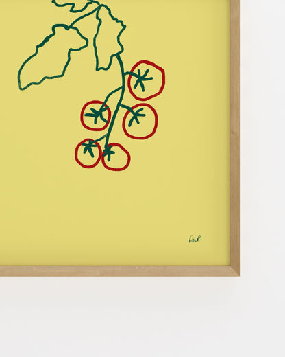 Hand-drawn tomato vine printable wall art with red tomatoes on a soft yellow background.
