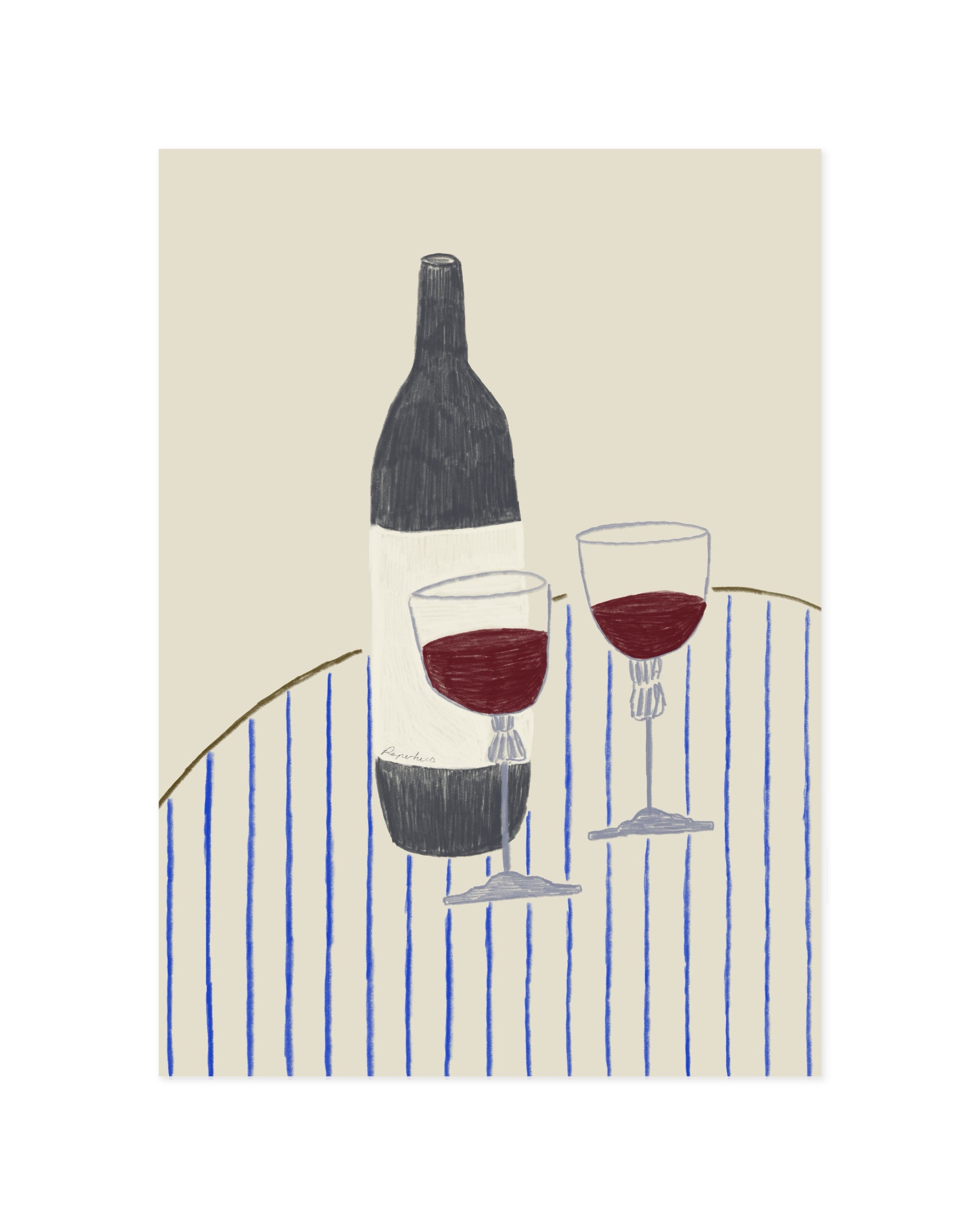 minimal wine bottle illustration with two red wine glasses on striped table printable wall art
