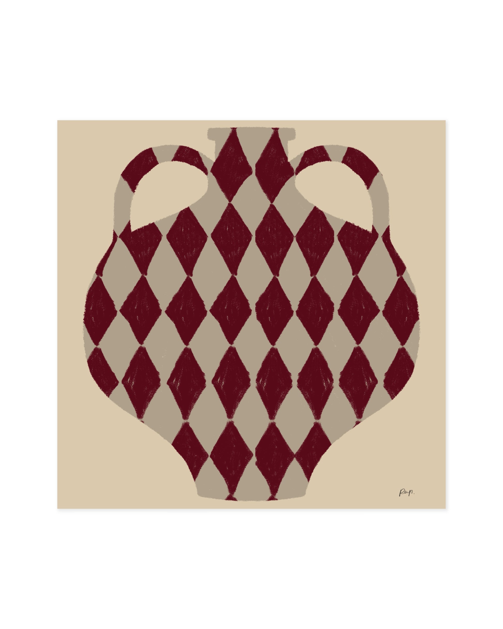 abstract vase illustration with burgundy harlequin diamond pattern on warm neutral background
