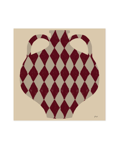 abstract vase illustration with burgundy harlequin diamond pattern on warm neutral background