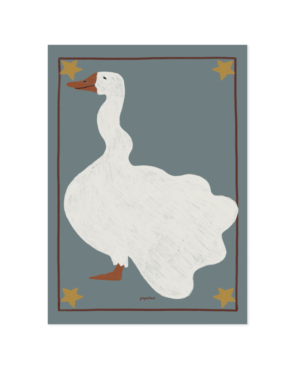 Vintage-inspired goose illustration on a soft blue background with star details for a nursery or children’s room
