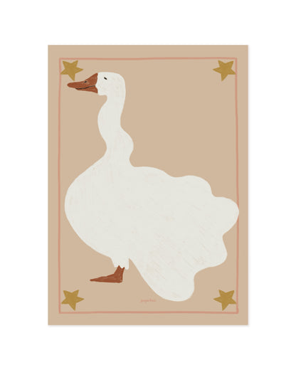 Vintage-inspired goose illustration with star details and blush pink border in soft neutral tones