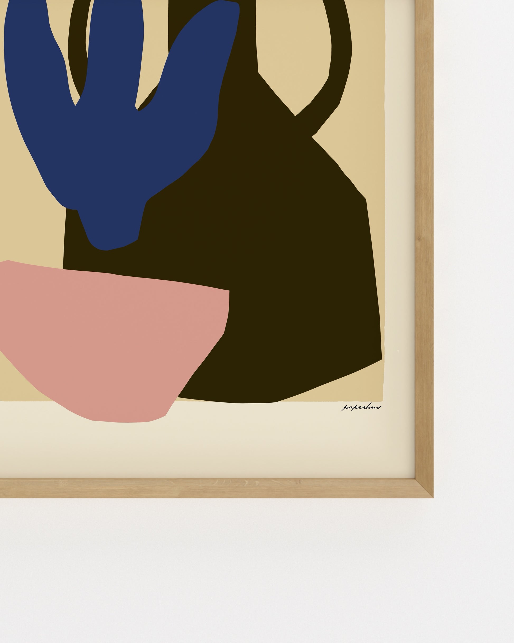 Abstract floral wall art featuring a blue flower, dark vase and blush pink shape in a minimalist colour block style
