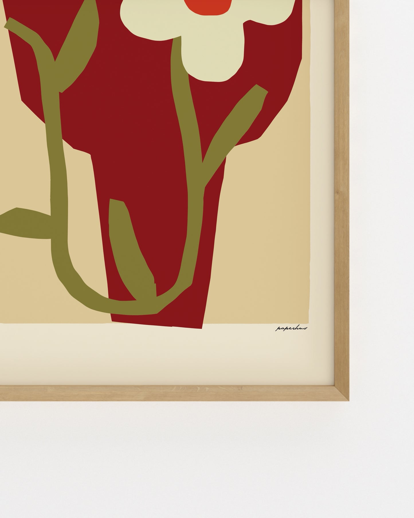Modern floral print featuring a red vase, white flower and minimalist botanical design in warm neutral tones