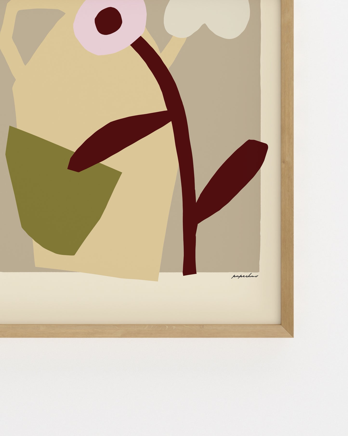 Modern abstract floral print featuring a sculptural vase, white flower and earthy neutral tones