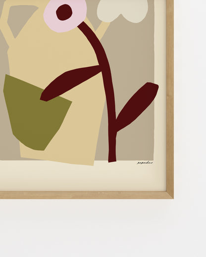 Modern abstract floral print featuring a sculptural vase, white flower and earthy neutral tones
