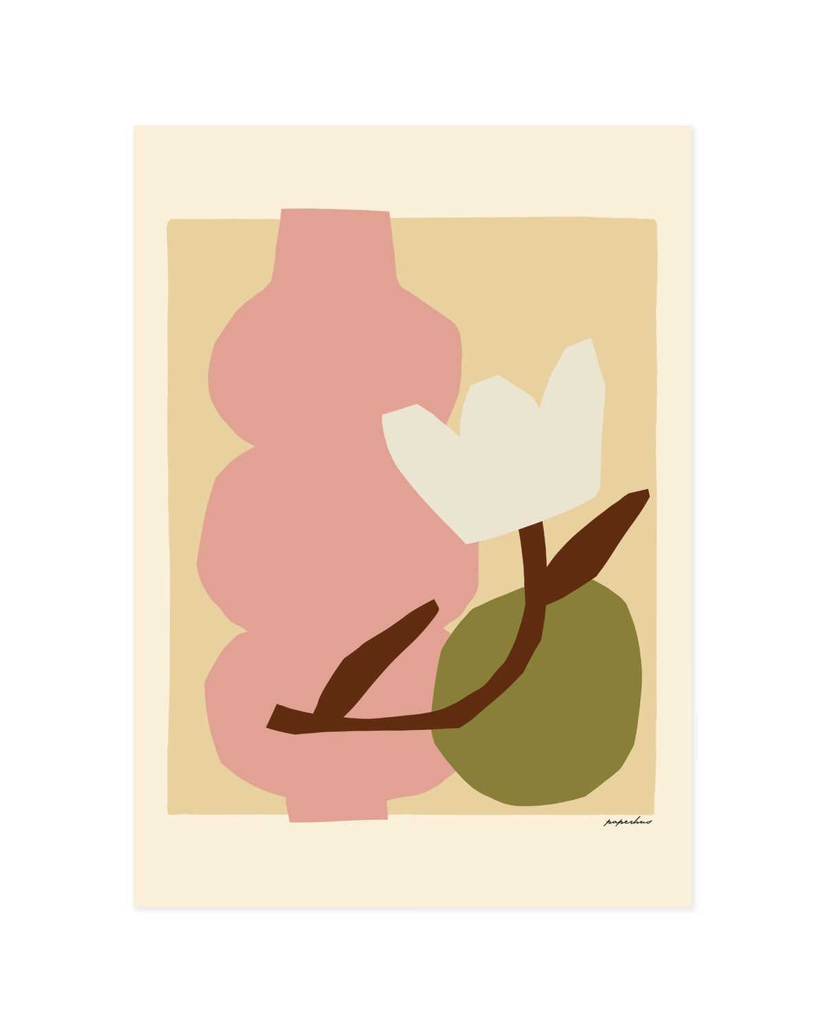 Modern abstract floral print featuring a pink vase, white flower and earthy neutral tones