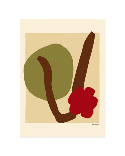 Abstract botanical wall art featuring a red flower, brown stem and olive green shape in a minimalist colour block style