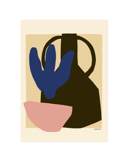 Abstract floral wall art featuring a blue flower, dark vase and blush pink shape in a minimalist colour block style