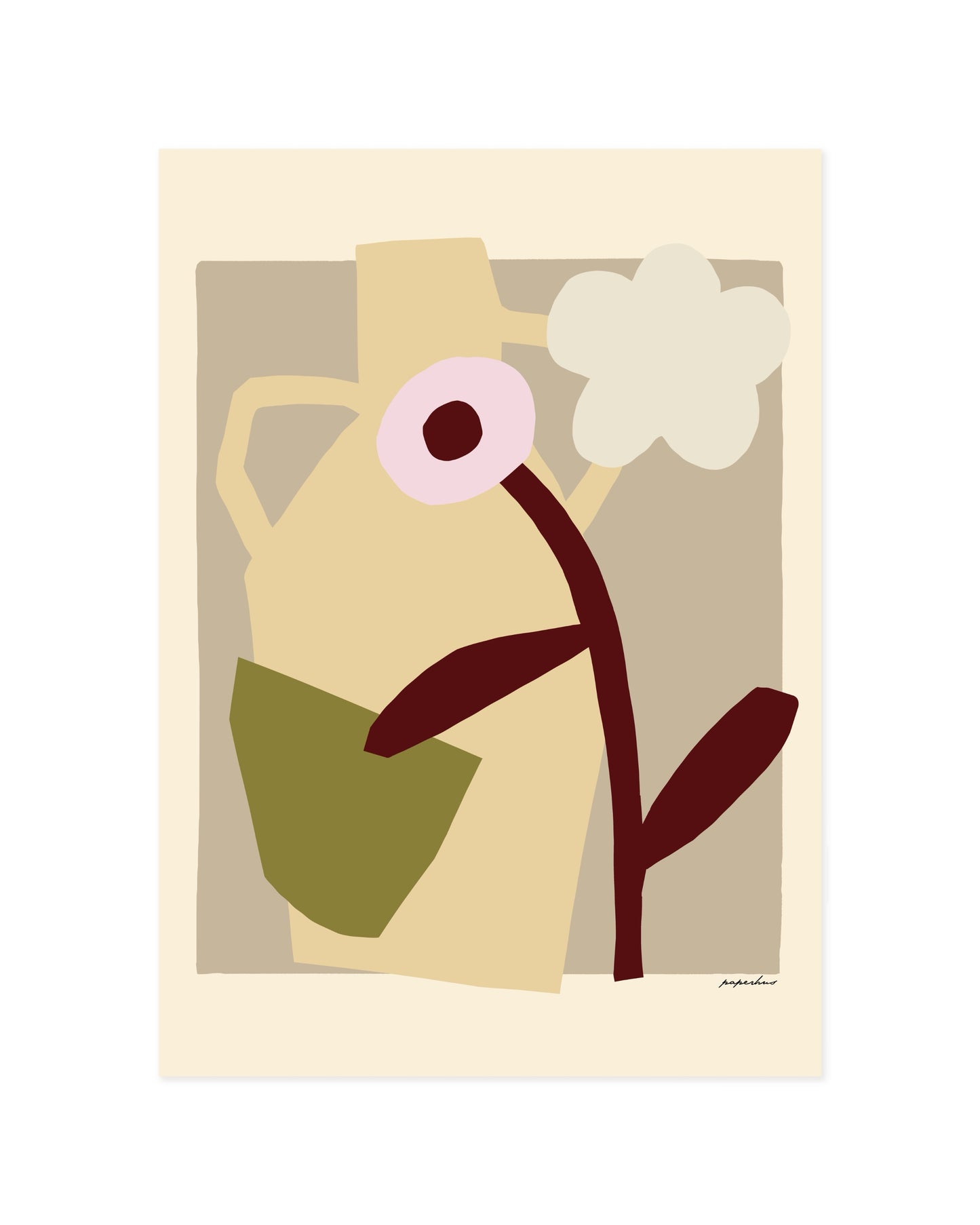 Modern abstract floral print featuring a sculptural vase, white flower and earthy neutral tones