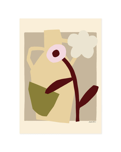 Modern abstract floral print featuring a sculptural vase, white flower and earthy neutral tones