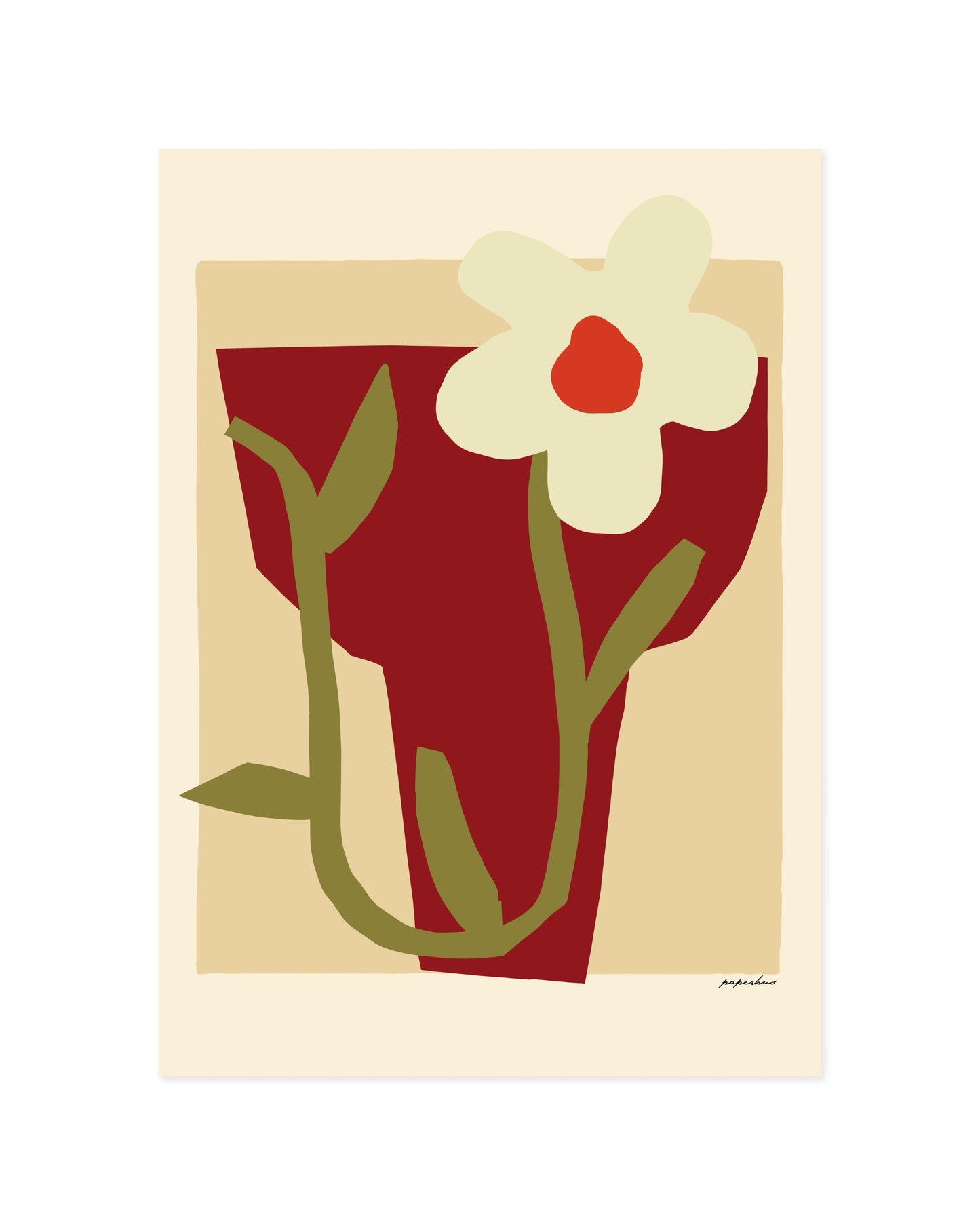 Modern floral print featuring a red vase, white flower and minimalist botanical design in warm neutral tones