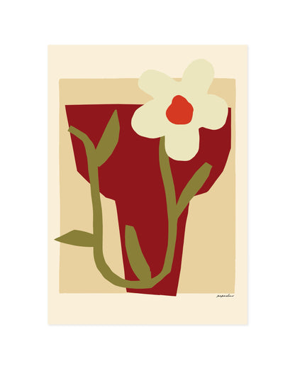 Modern floral print featuring a red vase, white flower and minimalist botanical design in warm neutral tones