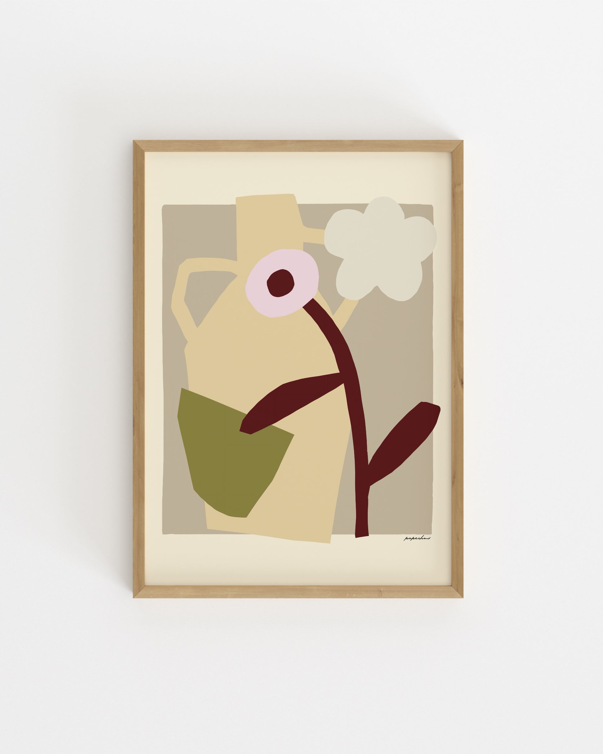 Modern abstract floral print featuring a sculptural vase, white flower and earthy neutral tones