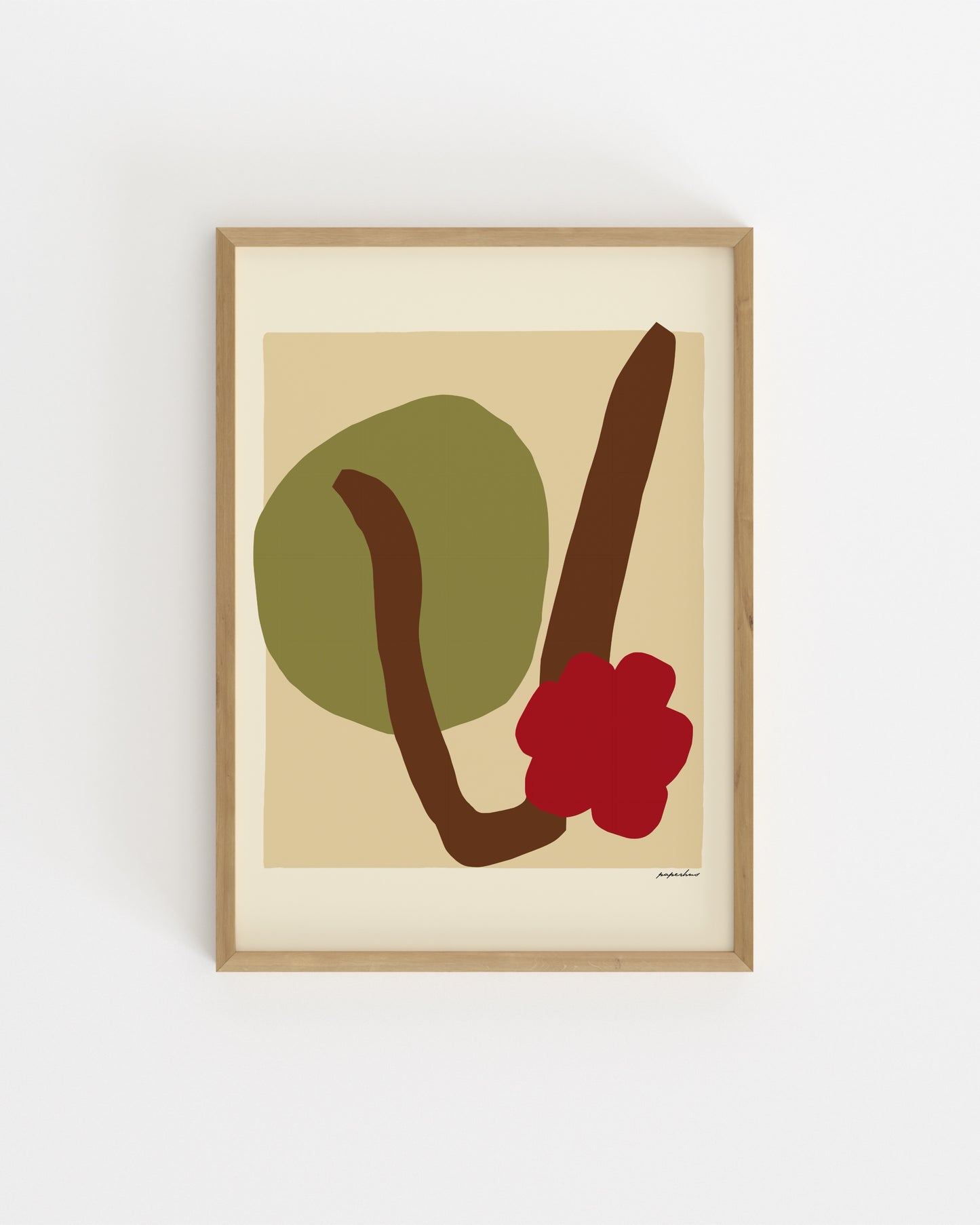 Abstract botanical wall art featuring a red flower, brown stem and olive green shape in a minimalist colour block style